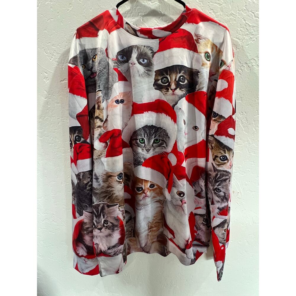 Men’s Ugly Christmas Sweater Cat Print Santa Hat Size Extra Large